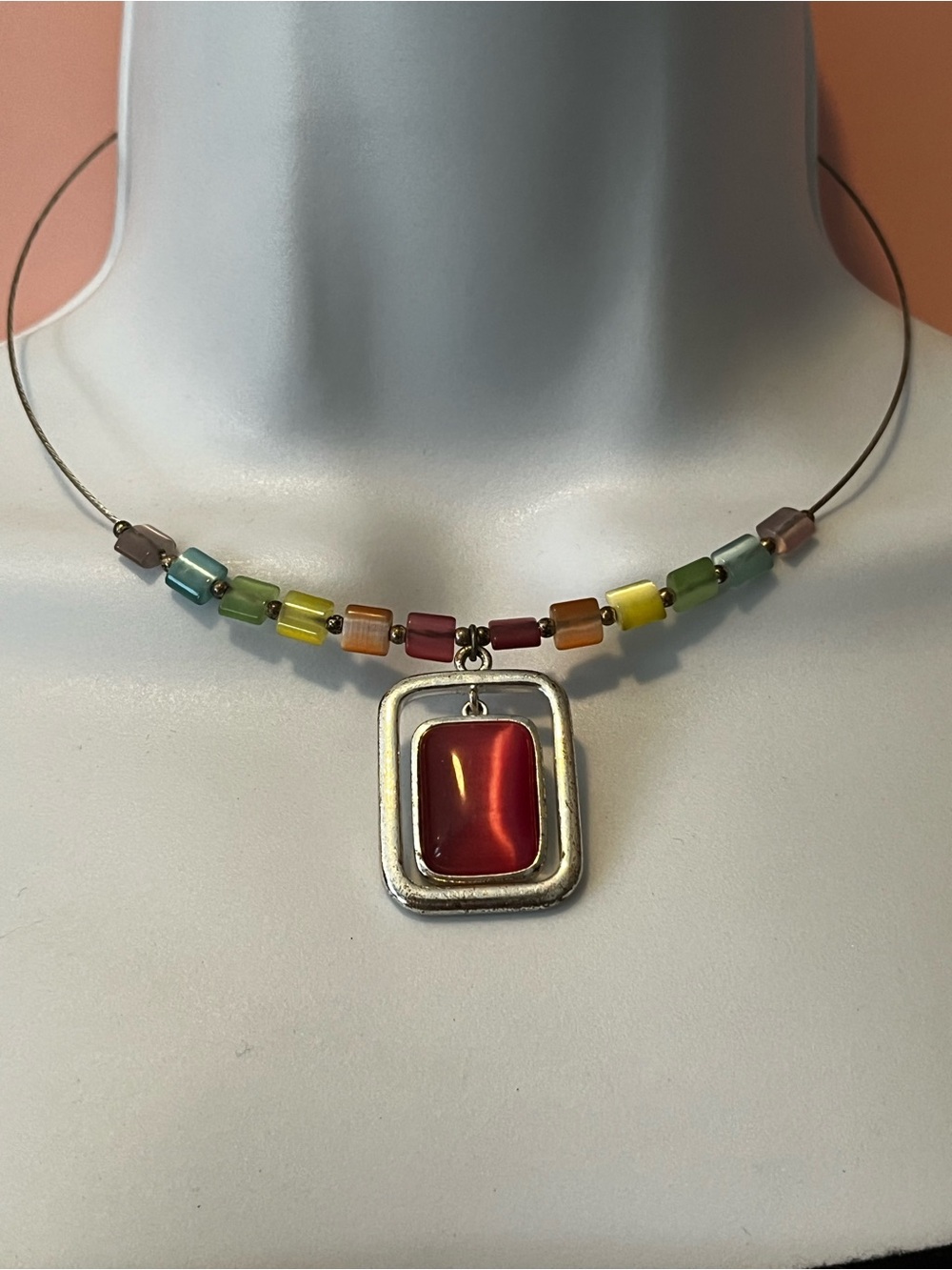 Rainbow Beaded Necklace with Red Pendant - Women Jewelry